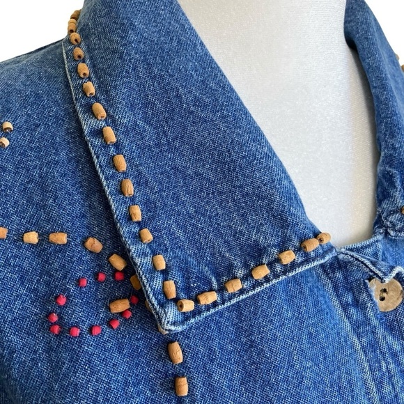 KEREN Hart Vintage 90s Floral Beaded Embellished Denim Shirt Shacket Boxy Fit S - Picture 4 of 16